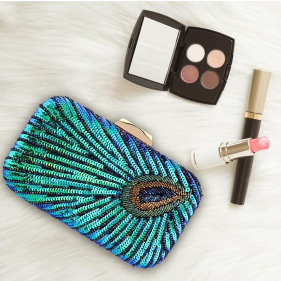 Peacock Blue Feather Retro 20s 30s Style Sequin Box Clutch Purse Crossbody Chain - Picture 16 of 16